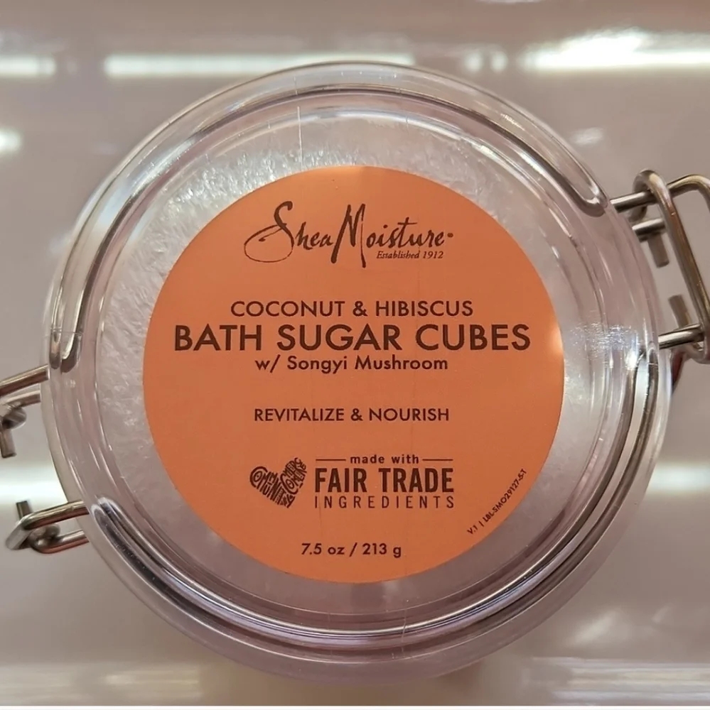 Fair Trade Shea moisture coconut and hibiscus bath cube sugar, songi mush